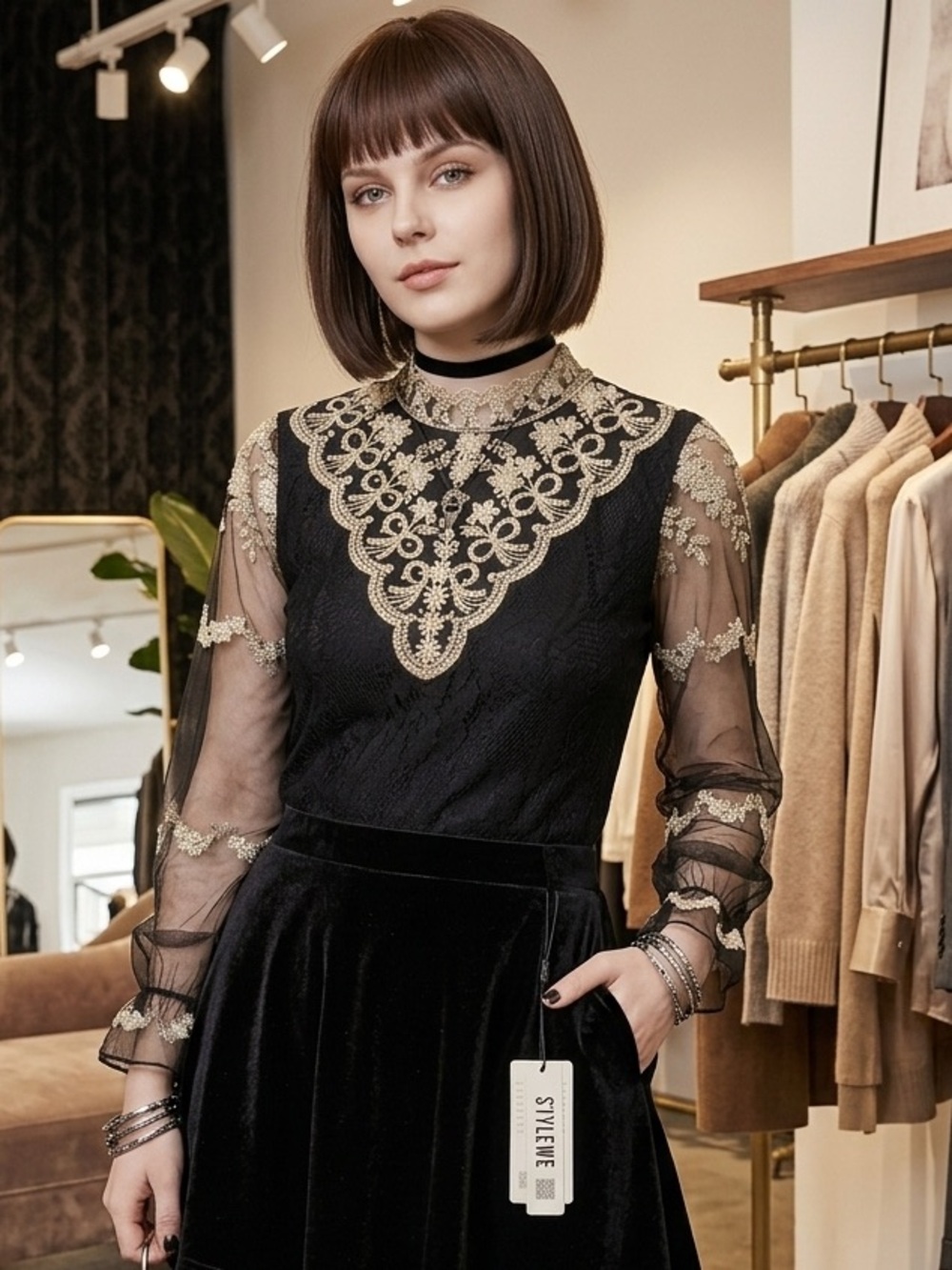 Vintage Black Lace Blouse, Ivory Pearl Bead Floral Trim Sheer-Whimsigoth, Witchy